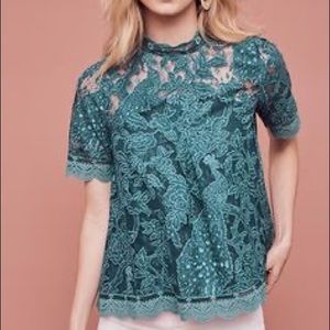 ANTHROPOLOGIE green lace short sleeve blouse